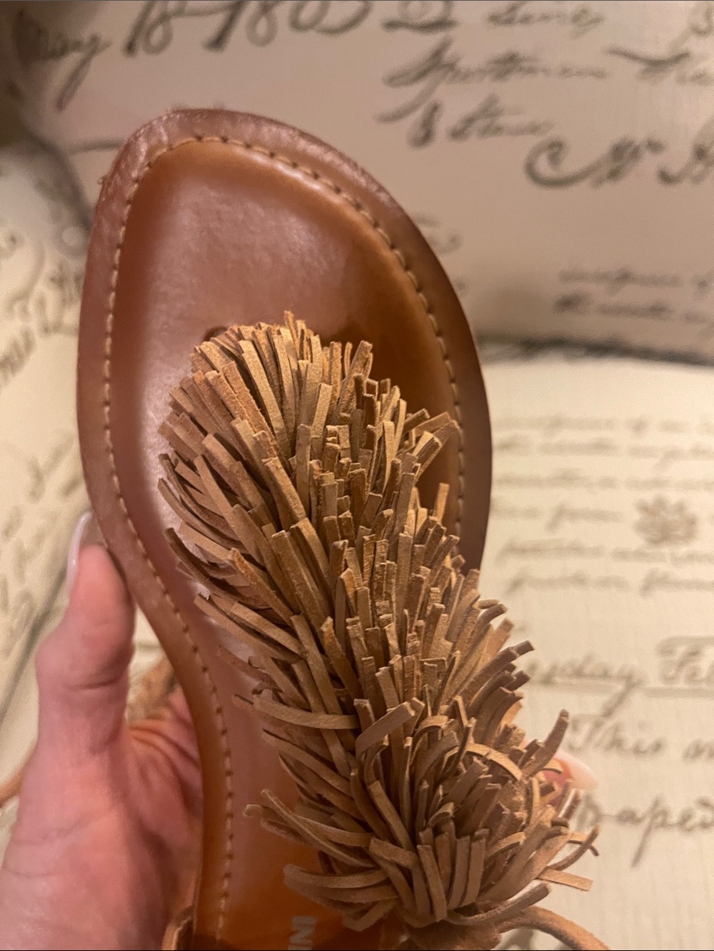 Gianni Bini Tan Fringe T-Strap Sandals with Gold Heel Detail - Picture 7 of 7